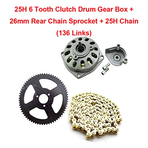 TC-Motor 6 Tooth Clutch Drum Gear Box 68 Tooth Rear Chain Sprocket 25H Chain (136 Links) For 2 Stroke 47cc 49cc Minimoto Pocket Bike 4 Wheeler Quad ATV
