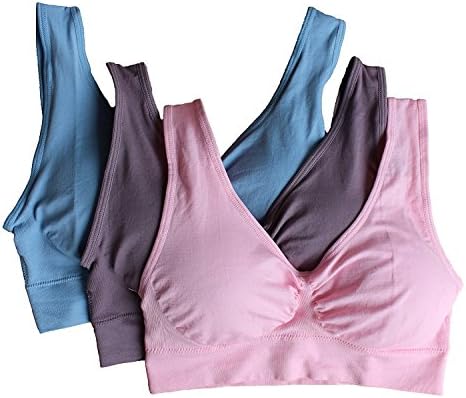 Women's Comfort Revolution Wirefree Double Straps Yoga Sports Gym Running Bra with Removable Pads (Pack Of 3 Colors) (Pastle Pack (Light Purple, Light Pink &amp; Light Blue), Large)