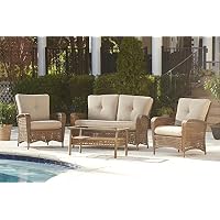 Sale Cosco Outdoor 4 Piece Lakewood Ranch Steel Woven Wicker Patio Furniture Conversation Set With Cushions And Coffee Table Brown Sofa Cushioned Set