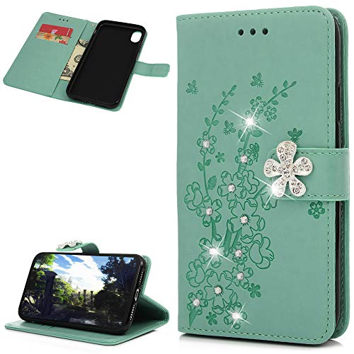 ZSTVIVA iPhone Xr 6.1 inch Case, Wallet Case Cover PU Leather 3D Sparkle Diamond Magnetic Folio Bumper Embossed Plum Blossom Waterproof Card Holders Protective Skin Shell - Green - Thumbnail 2