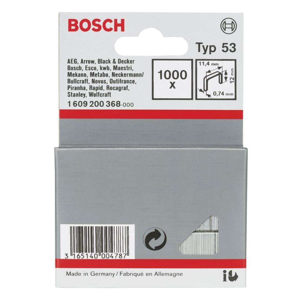 Bosch Professional 1000x Fine Wire Staple Type 53 (Natural Materials, Textiles, Carton, 11.4 x 0.74 x 12 mm, Accessories Tacker, Staple Gun)
