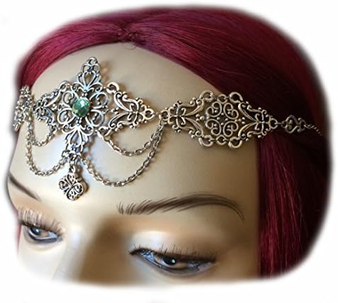 Dramatic Silver Filigree Draping Chain Headpiece Light Peridot Green