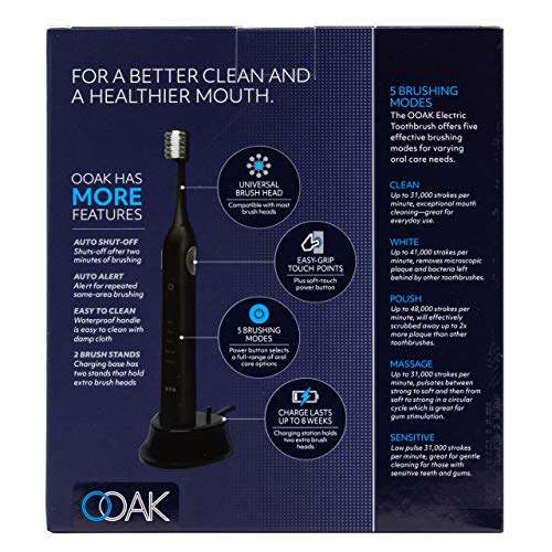 OOAK ELECTRIC TOOTHBRUSH WITH 5 BRUSHING MODES, 2 ADVANCED BRUSHES, BLACK