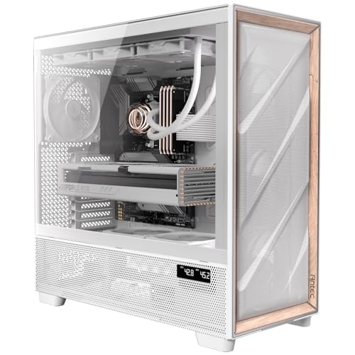 Antec Flux Pro White, 6 x ventoinhas PWM incluídas, painel frontal de alto fluxo de ar com madeira de nogueira, suporte iShift PSU 90°, USB 3.0 x 2, tipo-C, suporte de radiador de 420 mm, visor de
