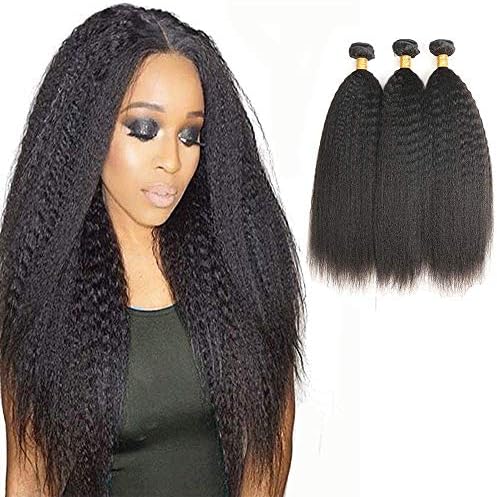 9A Brazilian Kinky Straight Human Hair 3 Bundles Yaki Straight Hair Weave 100% Unprocessed Virgin Human Hair Extensions Kinkys Straight Hair Weave Natural Black Color (18 20 22 Inch)