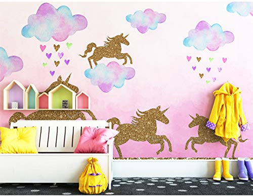 [2 PCS] Unicorn Wall Decals, Romantic Unicorn Wall Stickers Girls Bedroom, Unicorn Wall Stickers Decorations, Wall Decor with Clouds