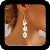 Erimberate Bohemian Cowrie Shell Dangle Earrings Long Shell Tassel Chain Drop Earring Gold Nature Cowrie Hook Earring Summer Beach Seashell Earrings Jewelry for Women