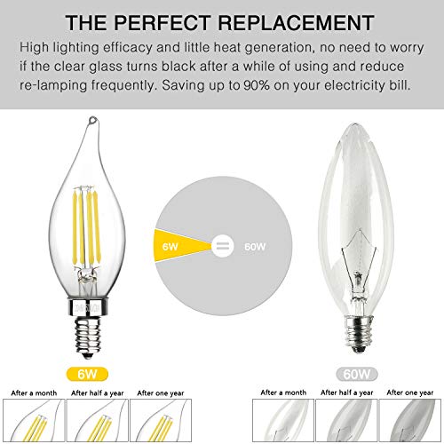 Boncoo E12 Candelabra LED Bulbs Dimmable 60W Equivalent LED Chandelier Light Bulbs 6W Daylight White 5000K 550LM CA11 Flame Tip Vintage LED Filament Candle Bulb with Decorative Candelabra Base 6 Packs - Thumbnail 4