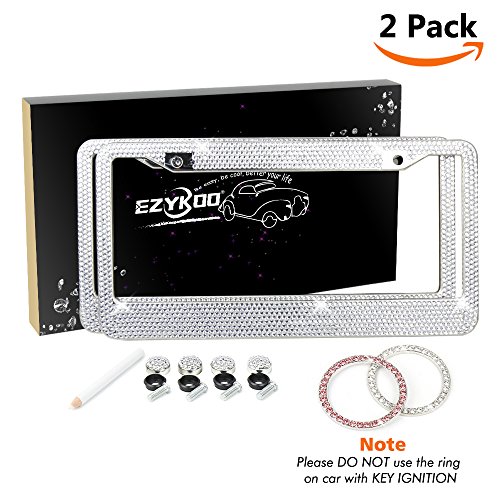 2 Pack Bling License Plate Frame-EZYKOO Sparkly License Plate Holder with 1000+Crystal Rhinestone License Plate Cover Come with Gift Box-Bonus Auto Start Decor Ring