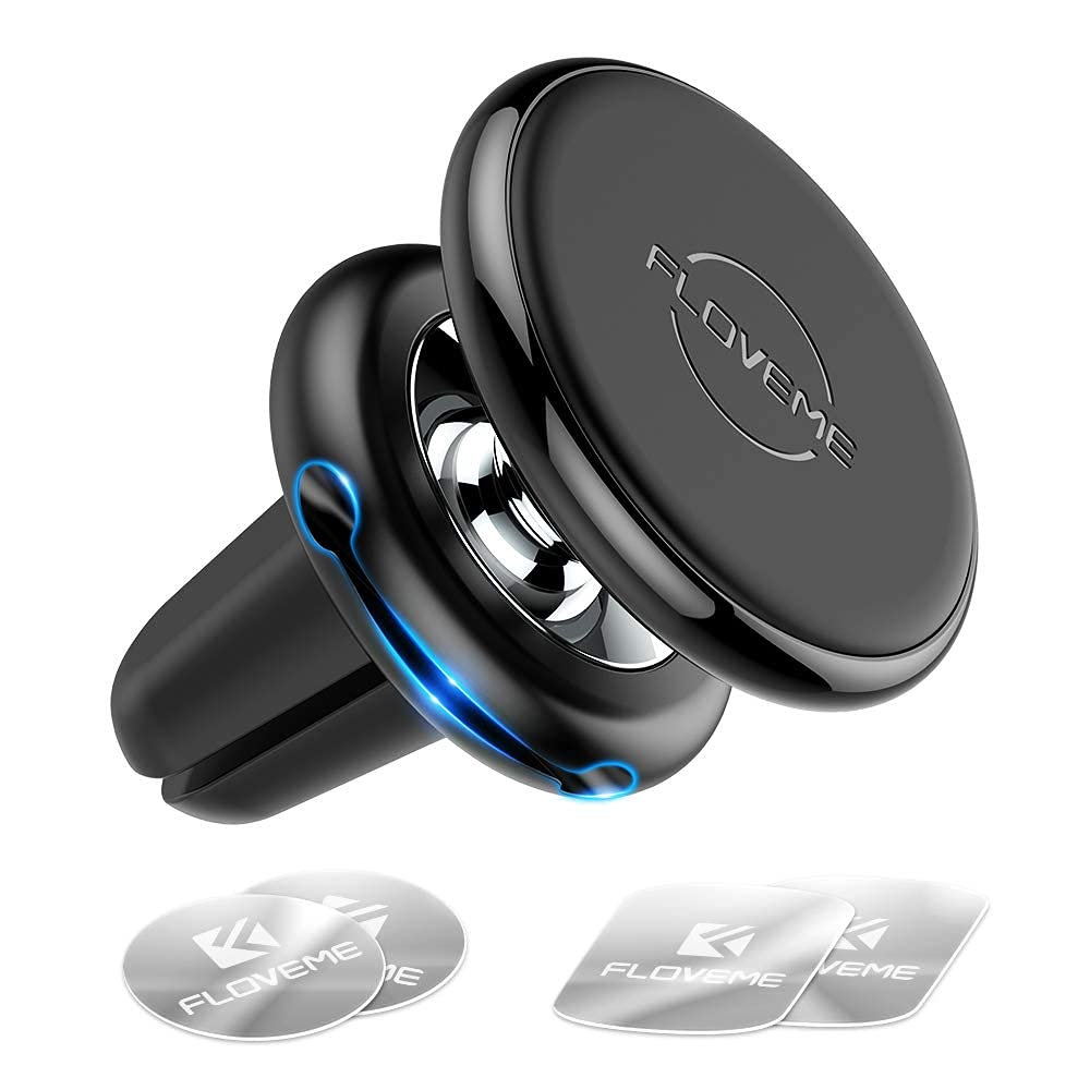 FLOVEME Portable Car Holder with 360° Air Vent Rotation Magnet Holder for iPhone and Other Smartphones, 4 Metal Plates (Black)