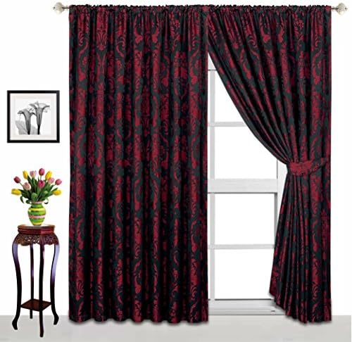 Sunrise Bedding Jacquard, Pencil, Tap Top Fully Lined Curtains 220 GSM for Living Room (Dark Burgundy, 90" x 90")