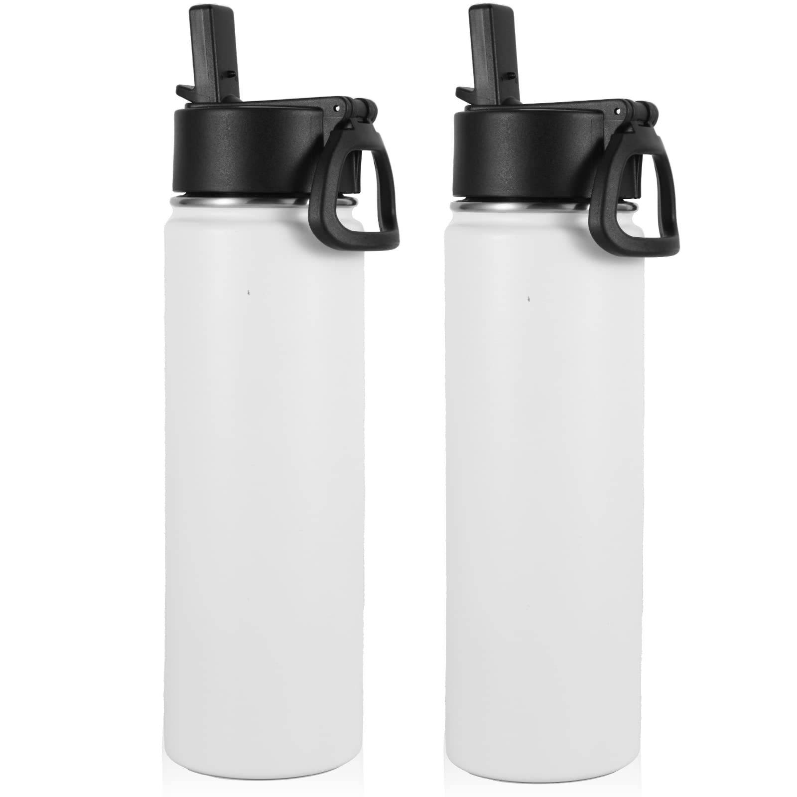 Volhoply Insulated Water Bottles with Straw Bulk 2 Pack, 660ml Stainless Steel Sports Bottle with Handle Lid,Double Walled Vacuum Metal Water Tumbler, Reusable Cold Water Flask for School(White,2 Set)