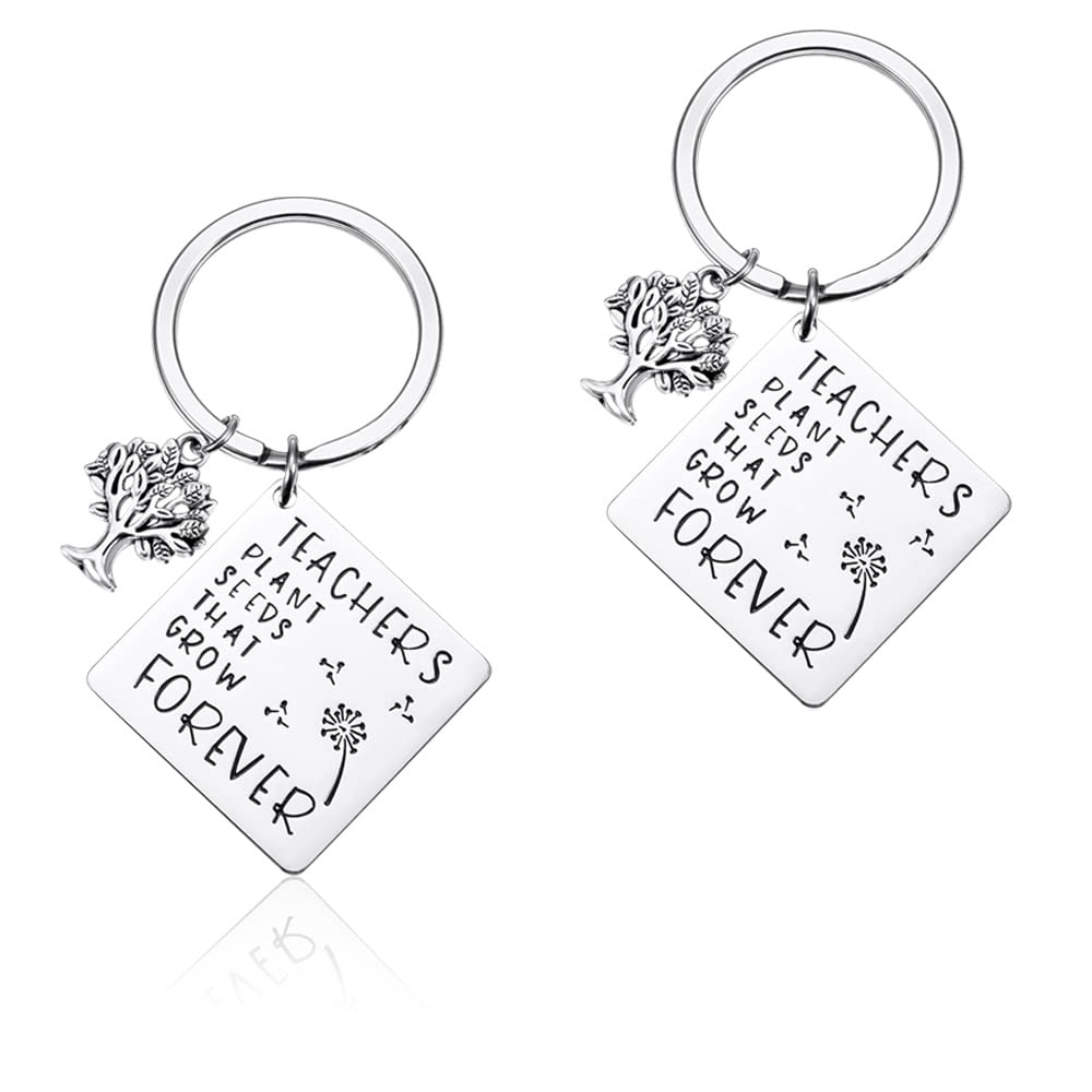 BUENTYA 2 Pcs Teacher Gifts Keyring Appreciation Keychains Thank You Gift Keyring Stainless Steel Rectangular & Tree Shaped Pendant with 2 Gift Boxes for Teacher's Day Thanksgiving Christmas Gifts