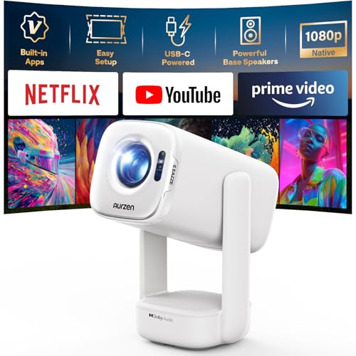 Aurzen D1 air Smart Portable Projector, Built-in Netflix app, Native 1080P HDR10, 4K Supported, USB-C Powered, TOF Auto Focus/Keystone, Dolby Audio, Projector for Bedroom, White