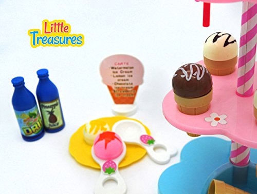 Sweet treats pretend play set from Little Treasures – Complete with desserts, ice cream, cones, popsicles, cookies, sauces, plates, spoons, sign, and stand – play set for children 3+