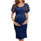 ZIUMUDY Floral Mesh Bishop Short Sleeve Maternity Bodycon Dress Maternity Photoshoot Baby Shower Dress