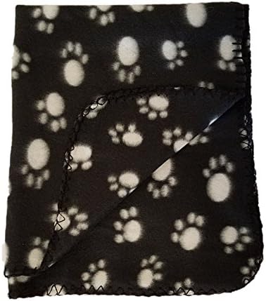 Fleece 28x24 Black Pet Blanket with Offsetting White Paw Prints for Cats or Dogs.