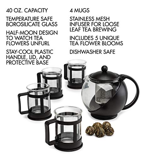 Primula Half Moon Teapot Set with 4 Tea Cups, Removable Stainless Steel