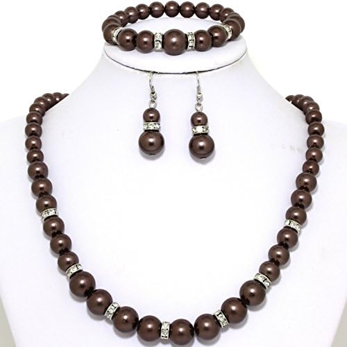 AnsonImages Rhinestone Dark Brown Faux Smooth Pearl Necklace Earring Bracelet Set New