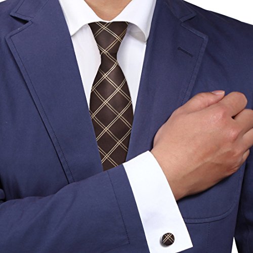 Y&G A2053 Dark Brown Checkered Blue Fine Presents Idea One Size World Gift Idea Silk Ties Cufflinks Set 2PT