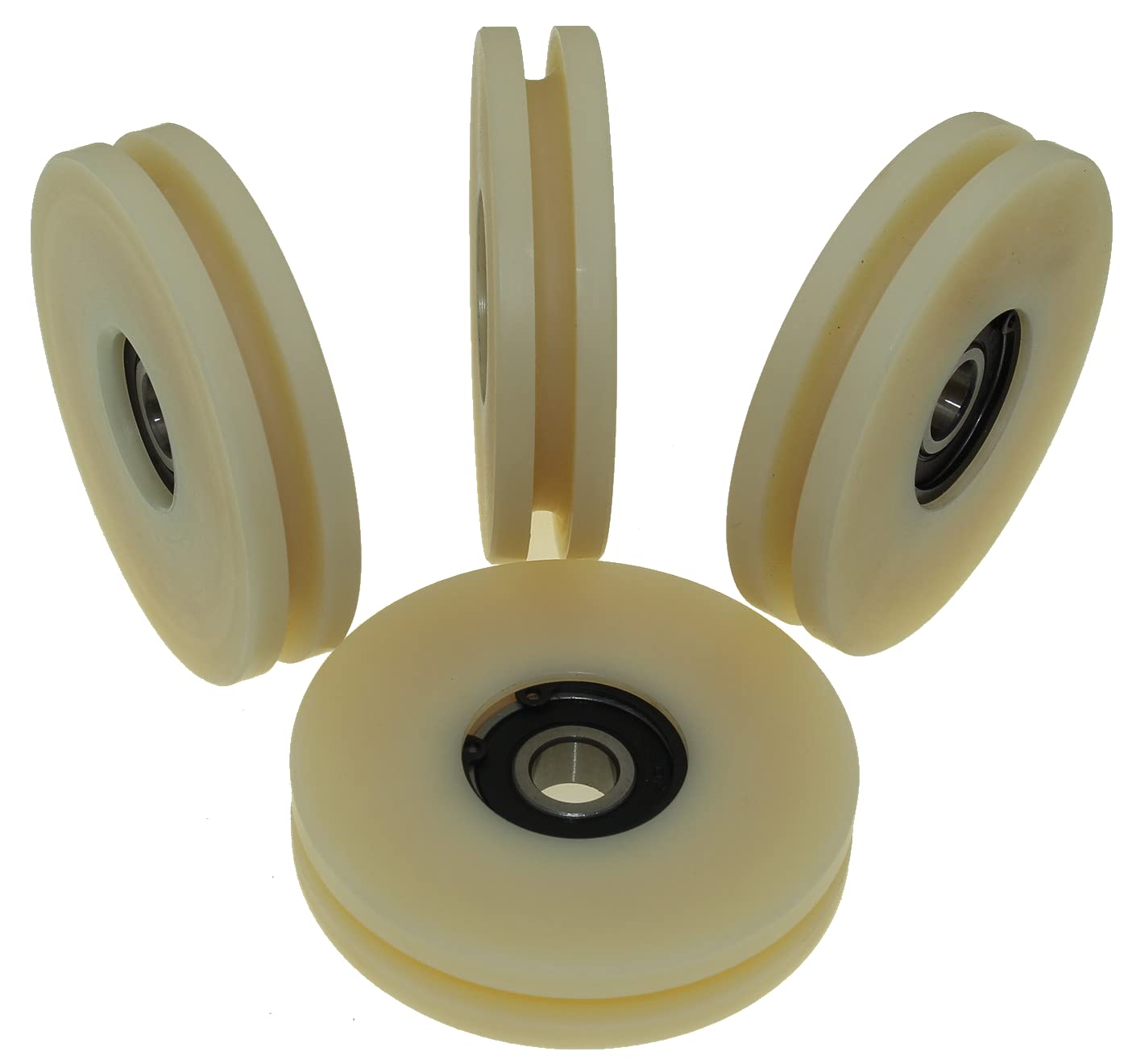 Pack of 4 x Nylon Pulley Wheels with 6 mm Round Groove 80 mm Diameter 12 mm bearing 100 kg Capacity Precisely Machined in the EU (80-6-12)