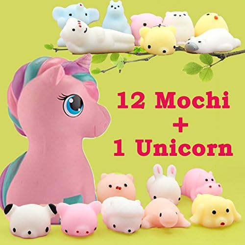 Mochi Squishy Toys, Squishies Slow Rising 12 Pack Mini Kawaii Animals + Jumbo Soft Unicorn Woqoo Squishies Stress Relief Toys Simulations Decorations Gifts For Kid Adults