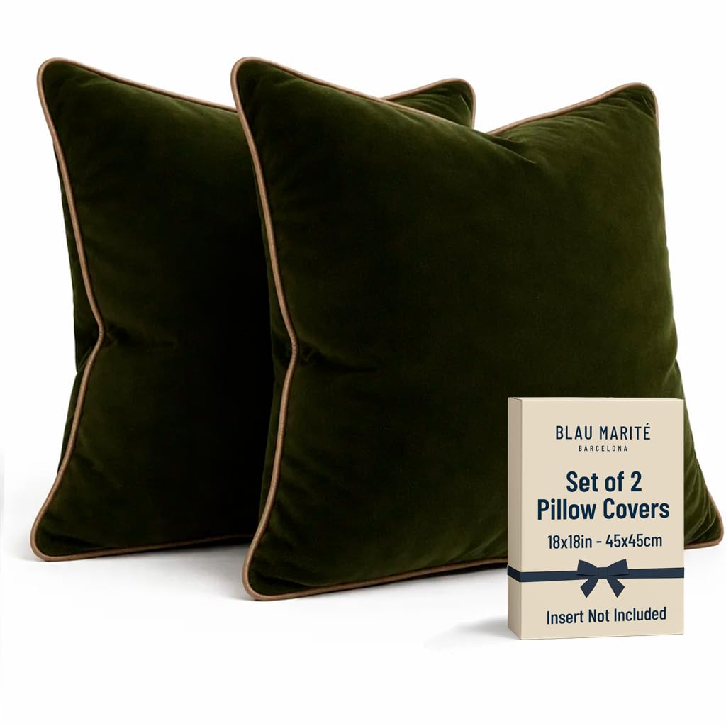 Blau Marité Set of 2 Velvet Throw Pillow Covers with Contrast Piping, Soft Decorative Cushion Covers, Green and Camel, 18"x18" (45x45 cm).