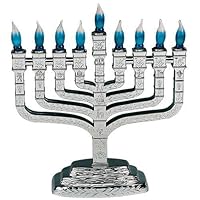 Silver Plastic Electric Knesset Menorah with Blue / White Bulbs by Aviv Judaica