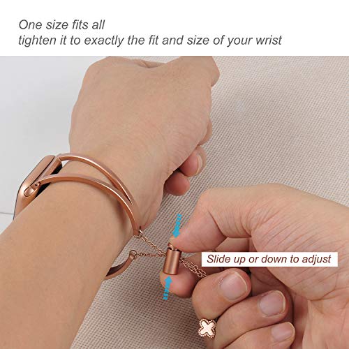 hooroor Bracelet Compatible for Apple Watch Band 38mm 40mm/42mm 44mm, Feminine Bangle Cuff with Clover Pendant for iWatch Bands Series 4 3 2 1 Stainless Steel Metal Wristband Strap (Gold, 42 mm 44mm) - Thumbnail 2
