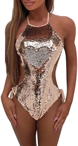 Koolee Women Sequins Swimsuit Bandage Padded Bra Beach Bikini Set One Piece Swimwear