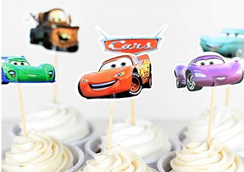 Cars Party Cupcake Toppers Birthday Party Supplies 24pcs (4 Lightning McQueen, 4 Mater, 4 Flo, 4 Carla, 4 Holley, 4 Cars logo)