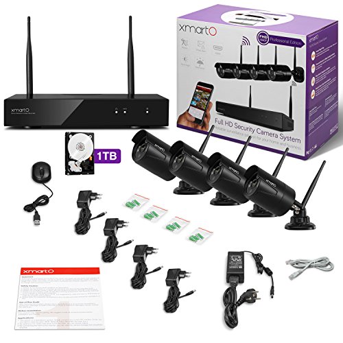 xmartO 1080p HD Wireless Security Camera System 8 Channel NVR with 1TB HDD and 4X 1080p Full HD 2.0MP Wireless Outdoor IP Cameras, Auto-Pair, NVR with Built-in WiFi Router, WiFi Relay, Audio Support