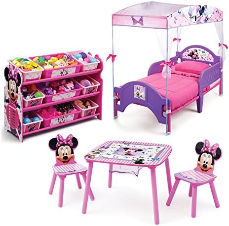 Minnie Mouse Kids Bedroom Furniture Sets 3 Piece Cozy Toddler Bed and Plastic Storage Containers with Kids Table and Chairs
