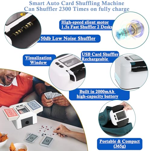 Electronic Automatic Card Mixer 1-2 Games, 2000mAh USB Rechargeable Card Mixer for UNO Poker Skyjo PILI Texas Hold'em, Auto/Manual, Portable Silent and Fast Mixing