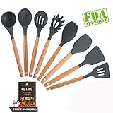 Ofargo Silicone Kitchen Utensil Set Of 8 Pieces With Natural Wood Handle For Cooking, Non-Stick, Gray