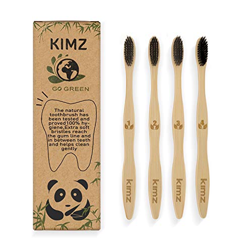 Kimz bamboo natural toothbrush charcoal black soft bristles biodegradable environmental ecofriendly compostable family pack case-pack of 4