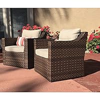 SUNSITT Patio Outdoor Furniture 2-Piece Brown Wicker Single Club Chairs w/Beige Olefin Cushions & Striped Throw Pillow