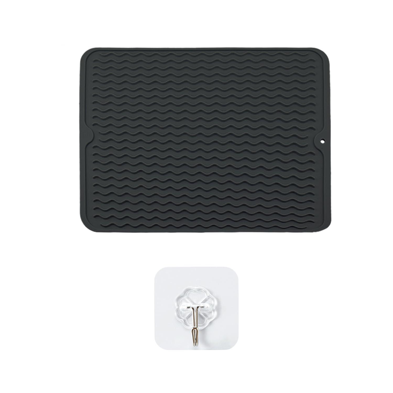 JTMKYO 1 Piece Silicone Draining Mat, Draining Board Mat, Draining Mat, Black Sink Drain Mat with 1 Clear Hook, Heat-Resistant and Anti-Slip Sink Mat for Countertops, Dish Drying and Draining