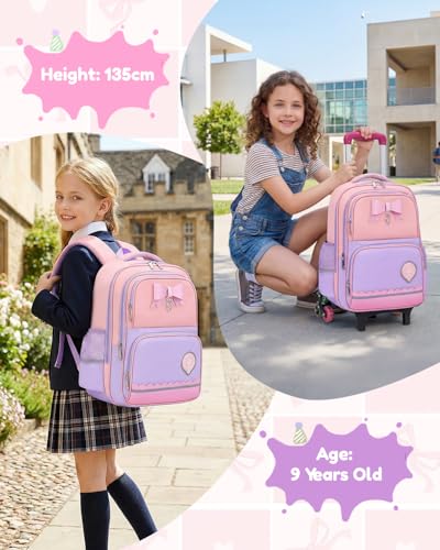 Amythe School Bag for Girls Primary 6-10 Years Old School Backpack Kawaii Lightweight Water Repellent with Reflective Strips, 6 Wheels Trolley for CP CE1 CE2 CM1 CM2, purple, Daypack Backpacks | Sac à Dos École Kawaii Léger Déperlant pour Enfants 6 à 10 ans, 6 Roues Trolley pour CP CE1 CE2 CM1 CM2 - Rentrée / Voyages