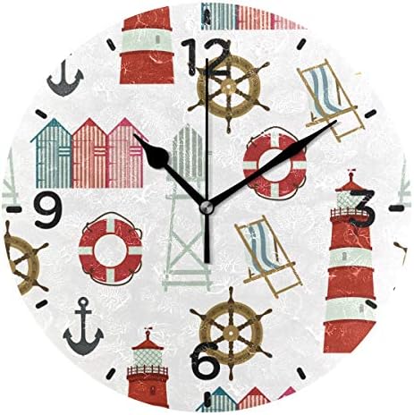 SENNSEE Beach Nautical Elements Lighthouse Wall Clock Acrylic Decorative Round Clock Art for Home Decor Living Room Bedroom
