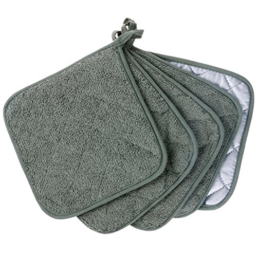 Lifaith 100% Cotton Kitchen Everyday Basic Terry Pot Holder Heat Resistant Coaster Potholder for Cooking and Baking Set of 5 Artichoke Green