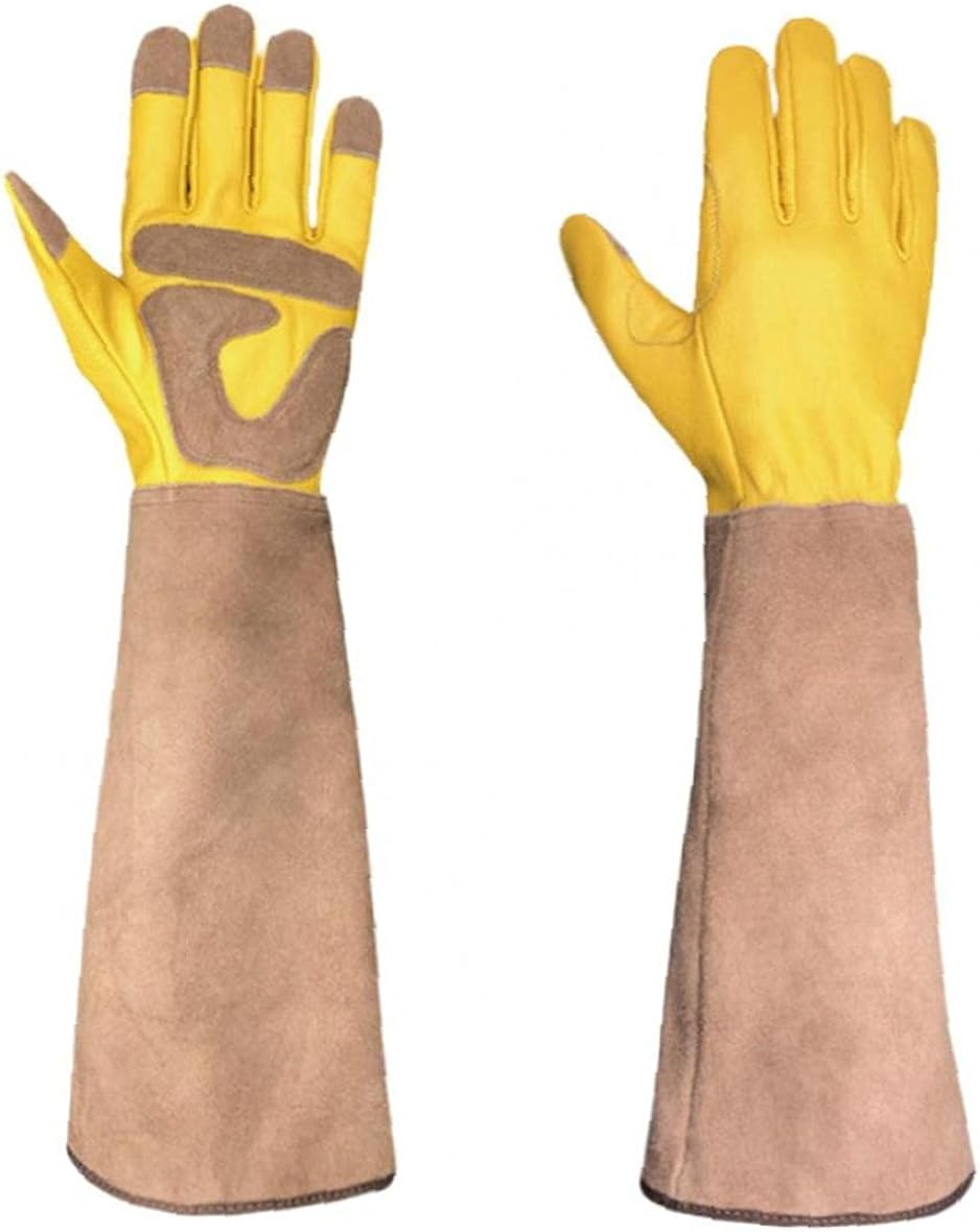Hotaden Long Gardening Gloves Leather Gauntlet Durable Flexible Long