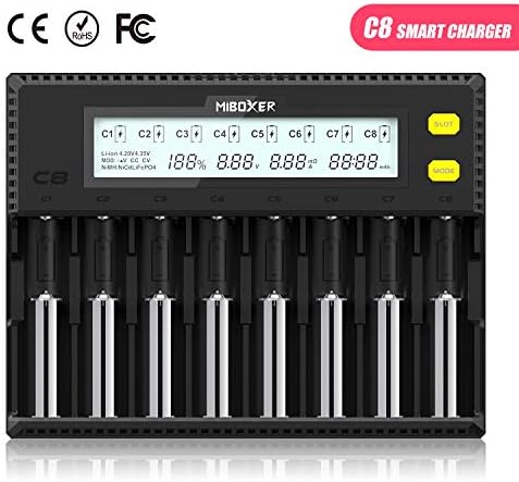 Intelligent AAA battery Charger,LCD Dispay 8 Bay Universal Smart Charger for Rechargeable Batteries Ni-MH Ni-Cd A AA LiFePO4 Li-ion 18650 26650 26500 18490 17670 17670 21700 RCR123 Batteries