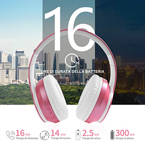 Cuffie Wireless Over Ear, Cuffie Bluetooth Senza Fili con Microfono Incorporato, Cuffie Stereo Pieghevoli Audio Hi-Fi per Telefono/Pc/Tv/Online, Comodi Paraorecchie per Indossare a Lungo(Rosa)