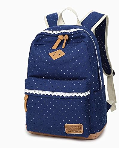 HC Canvas Backpack For Girls Student Rucksack For Teen Girl Lightweight College Daypack Cute Backpacks for Travel Laptop Bag Casual School Bookbag with Zipper Closure Purse Navy Blue Polka Dots