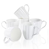 COSTMANCE Fine Bone China Coffee Mugs Set of 6 (12 oz), White Pumpkin Shaped Tea Cups, Lightweight Ceramic Coffee Mugs for Women, DIY Gifts for Festival, Microwave Oven and Dishwasher Safe
