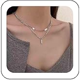 Ximdble Vintage Layered Square Pendant Necklace Initial Lucky Choker Necklace Silver Square Chain Necklace Layering Alphabet Necklace Jewelry for Women