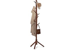 Freyawin Solid Wooden Coat Rack Freestanding, New Zealand Pine Coat Tree with 8 Hooks & 3 Adjustable Sizes for Coats, Hats, Handbags and Scarves, Space Saving for Entryway/Office/Bedroom (Brown)