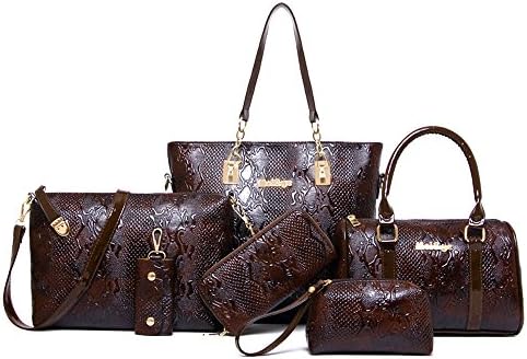 Women Handbag,Women Bag,KINGH Crocodile pattern PU Leather Tote Clutch Purse 6 PCS Set Bag 272 (Brown)