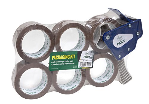 PAKIT Heavy-Duty Shipping Packing Tape with Dispenser, 50micron 48MM X66M, Brown, 6 rolls, Supplies, Moving Tape, Parcel